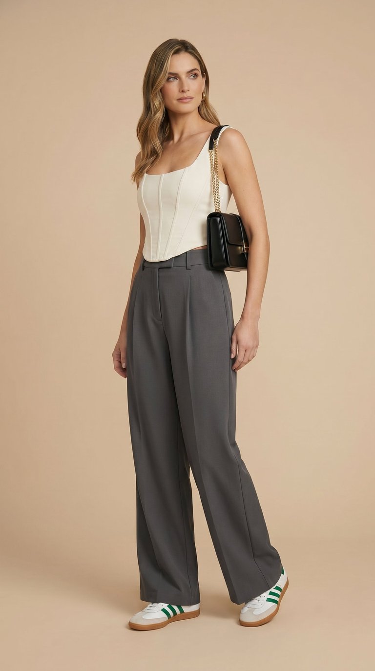 pantalon palazzo de pierna ancha tiro alto gris oxford para mujer