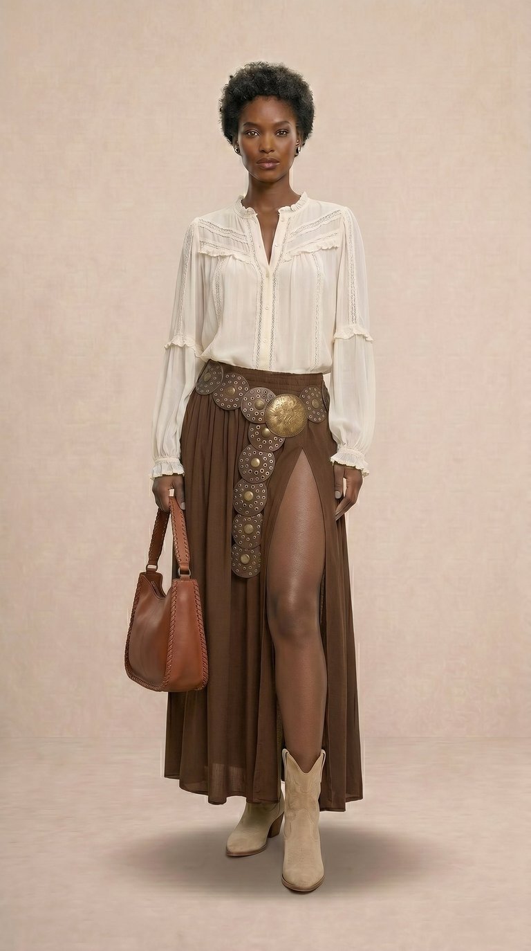 falda larga bohemia fluida con abertura frontal marron chocolate para mujer streamgirl