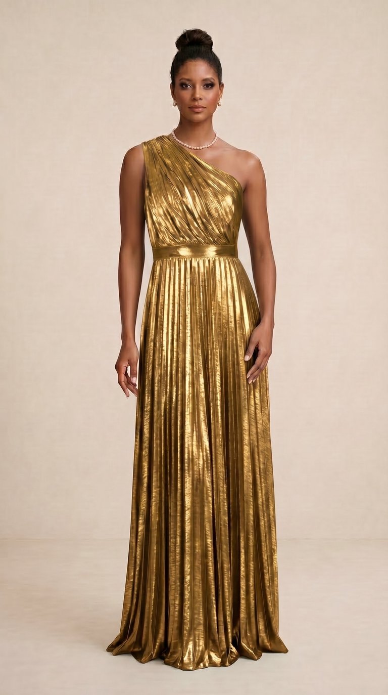 vestido asimetrico con el color dorado metalico para damas