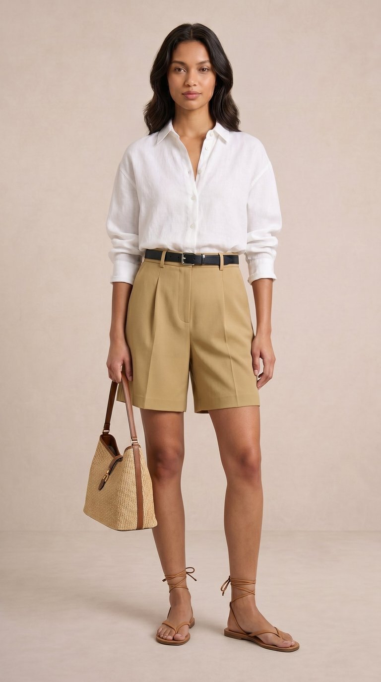 pantalon corto tipo bermuda sastrera de tiro alto caqui claro para mujer