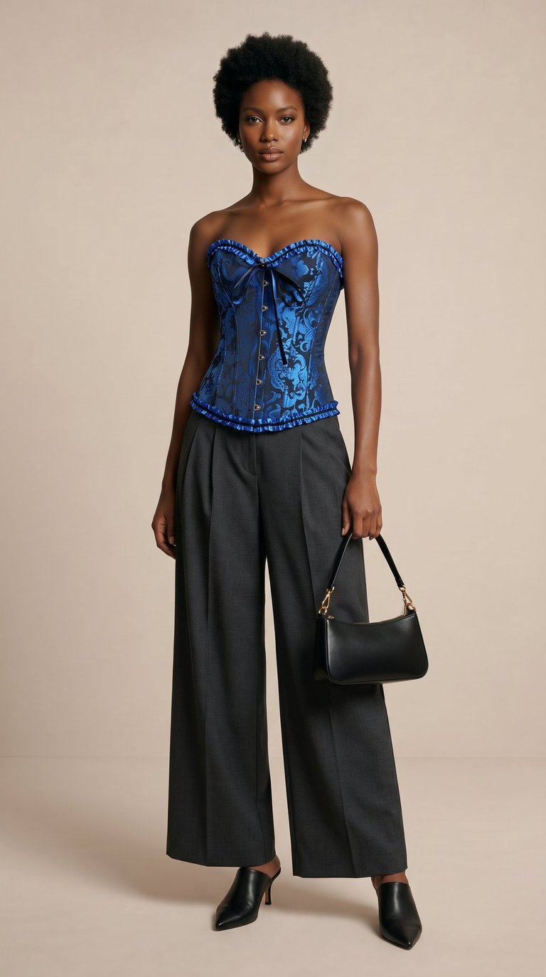 top corse estructurado jacquard con broches frontales y detalles de volantes color azul zafiro para 