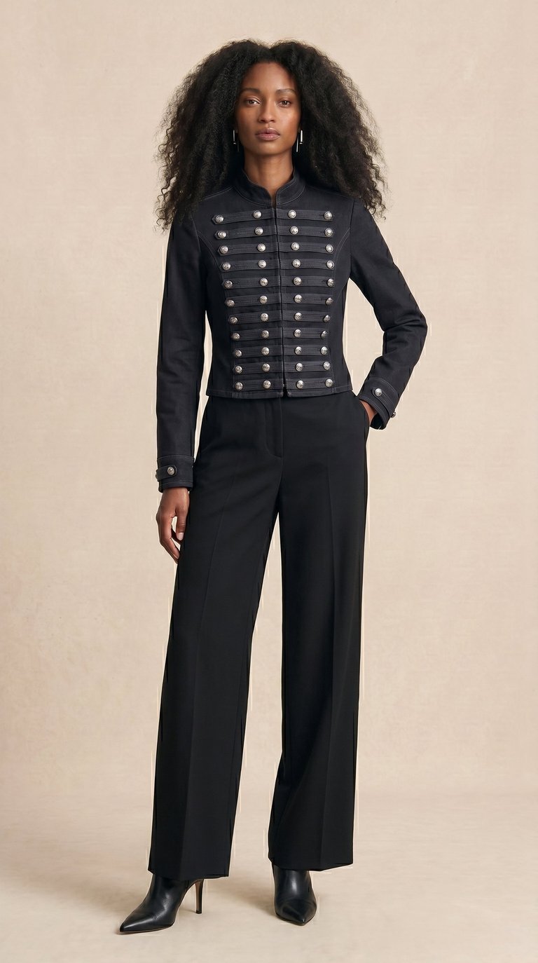 chaqueta militar napoleonica con botones plateados y cuello alto color negro para mujer