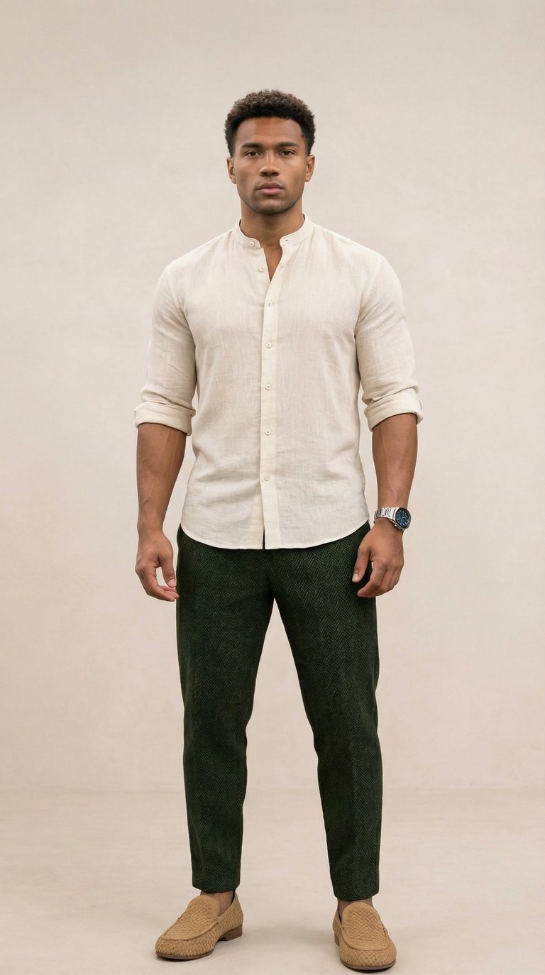 Camisa de lino hombre cuello Mao color beige natural corte holgado casual