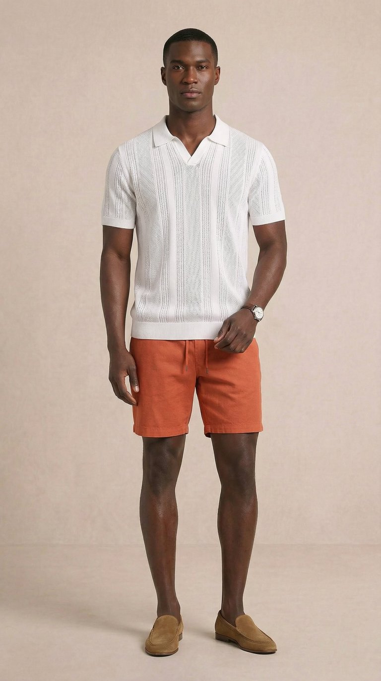 Pantalón corto de lino para hombre naranja óxido con cordón ajustable casual