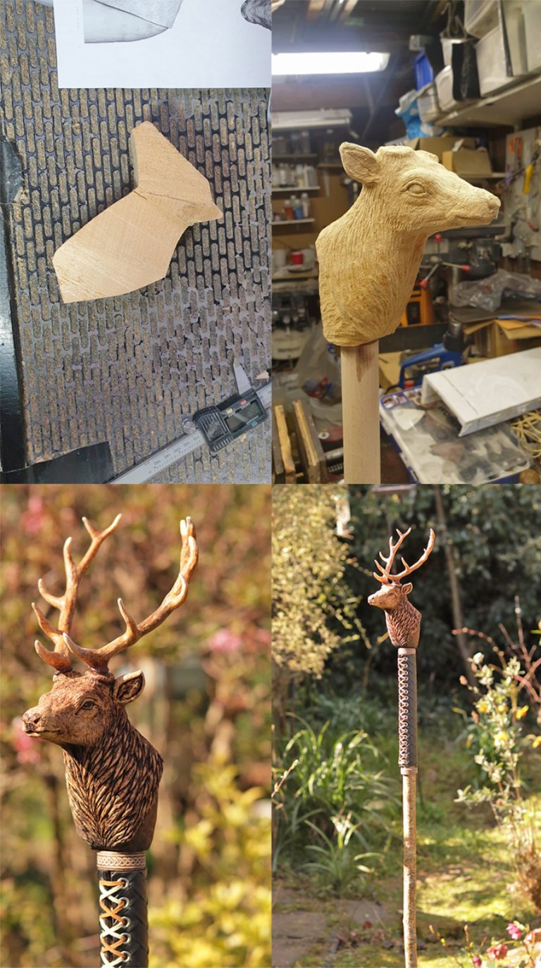Stag sculpture showing carving, sculpting and finished piece through 3D sculptural services