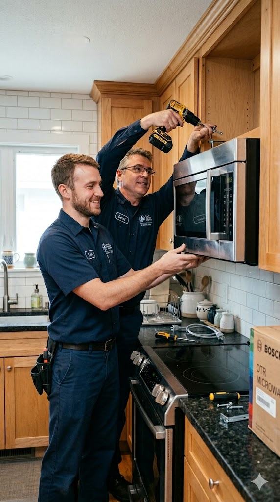 Two Blue Flame Works technicians install an over-the-range microwave in a bright modern kitchen