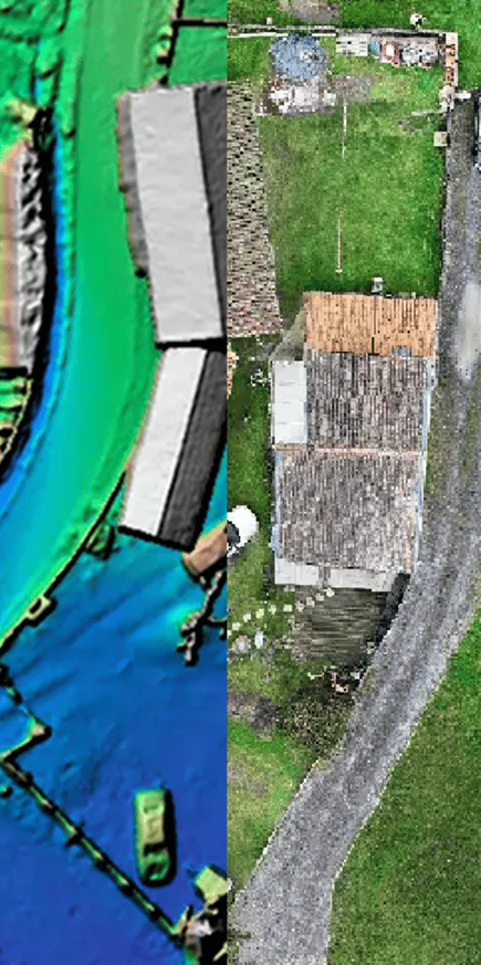 Vue aérienne côte à côte d'une maison montrant les données d'altitude LiDAR et une orthophoto 