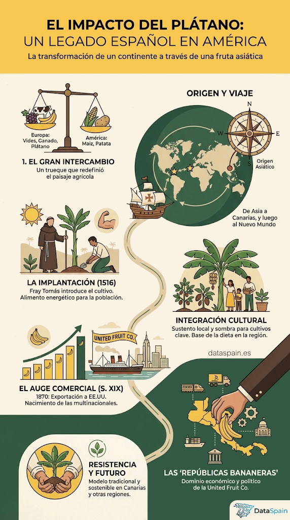 Infografía del impacto del plátano en América: Un legado español que cambió el mundo