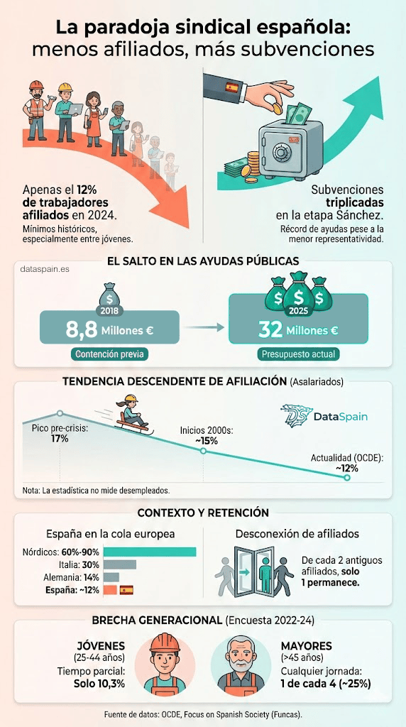 Infografía de la La Paradoja Sindical en España: Mínima Afiliación y Récord de Subvenciones