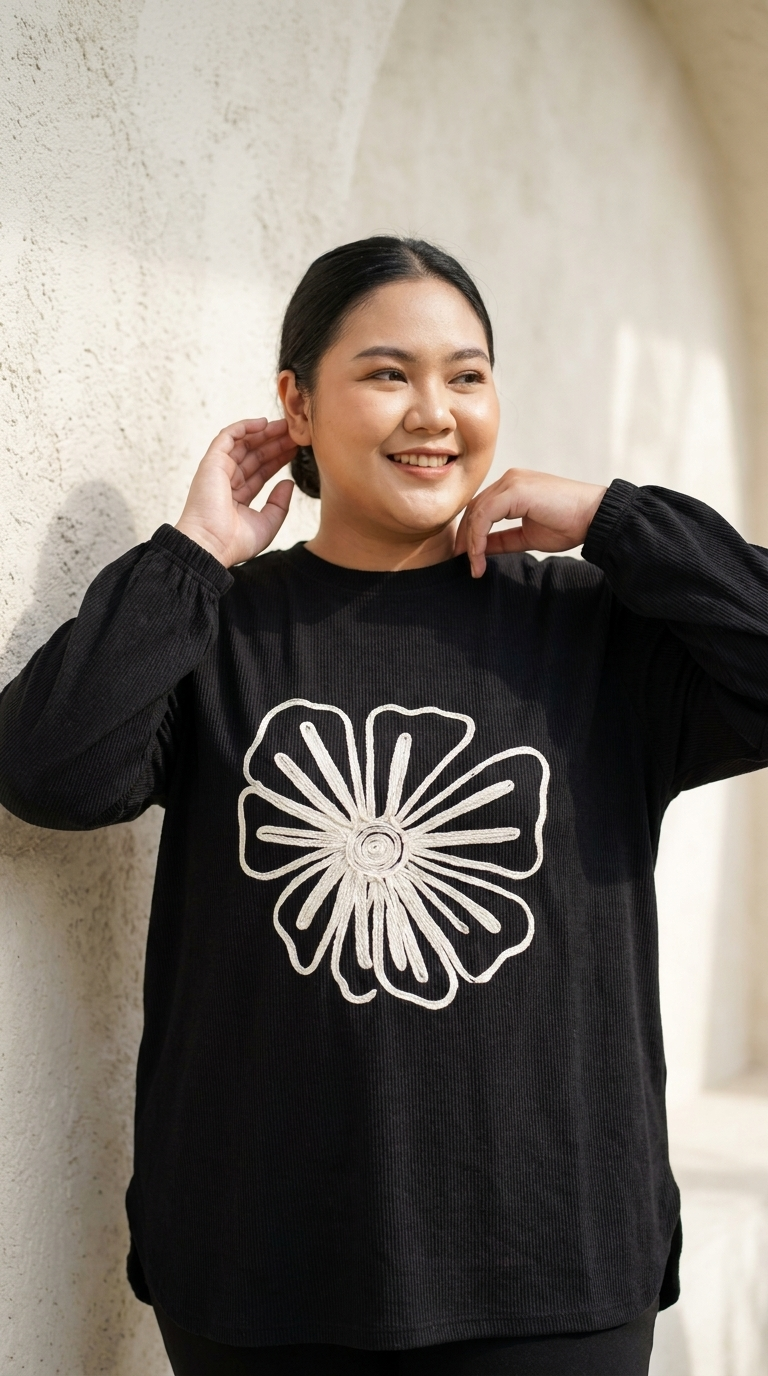 Smiling woman wearing a black long-sleeve sweatshirtwith a white floral embroidery.