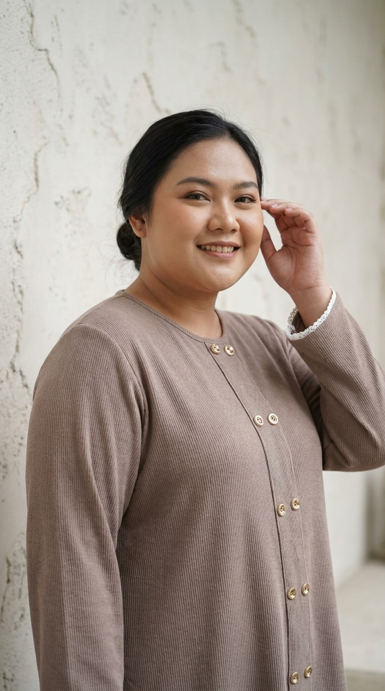 Smiling plus size woman wearing a brown ribbed double button blouse against a neutral wall.