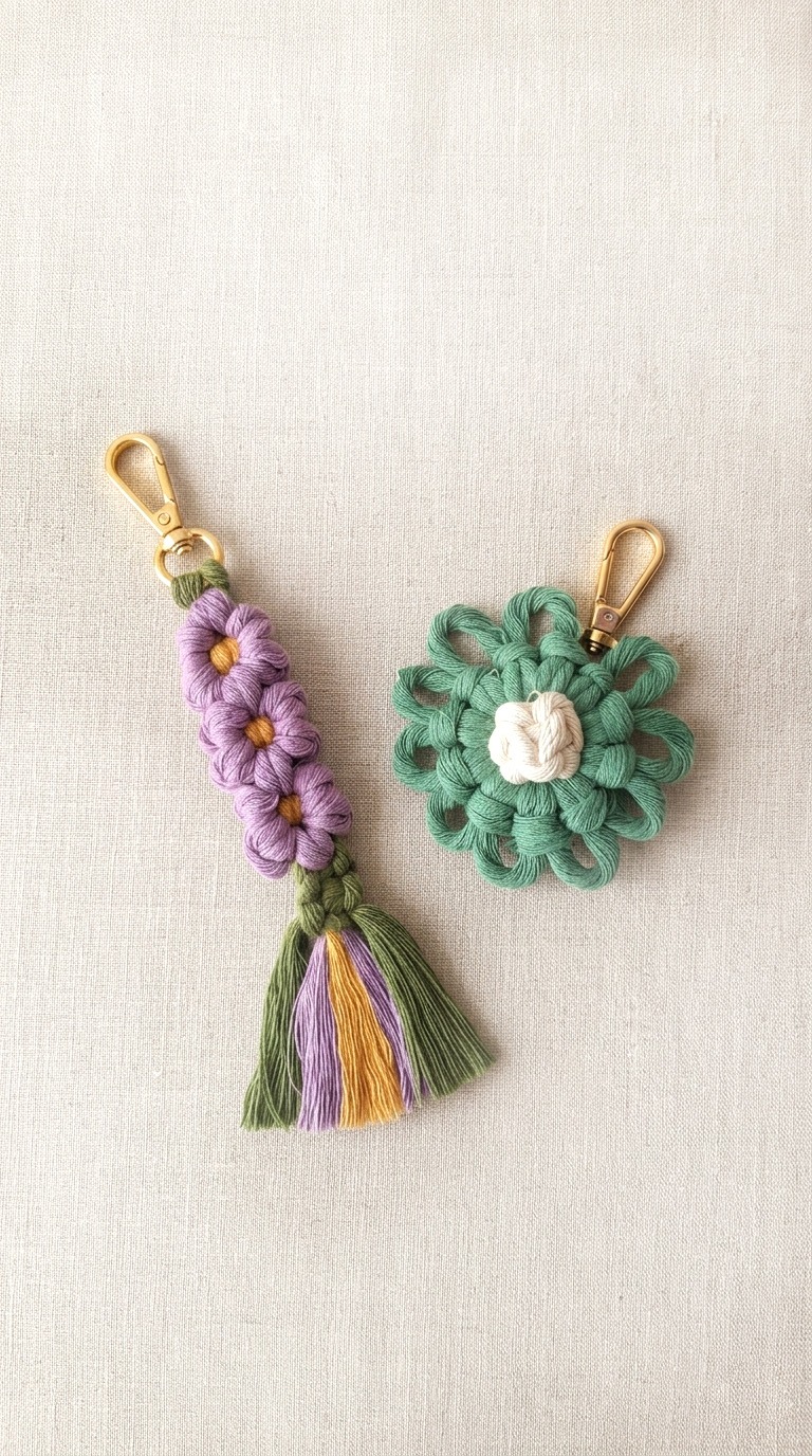 Llaveros de macramé en forma de flores con cordon de colores morado, amarillo y verde