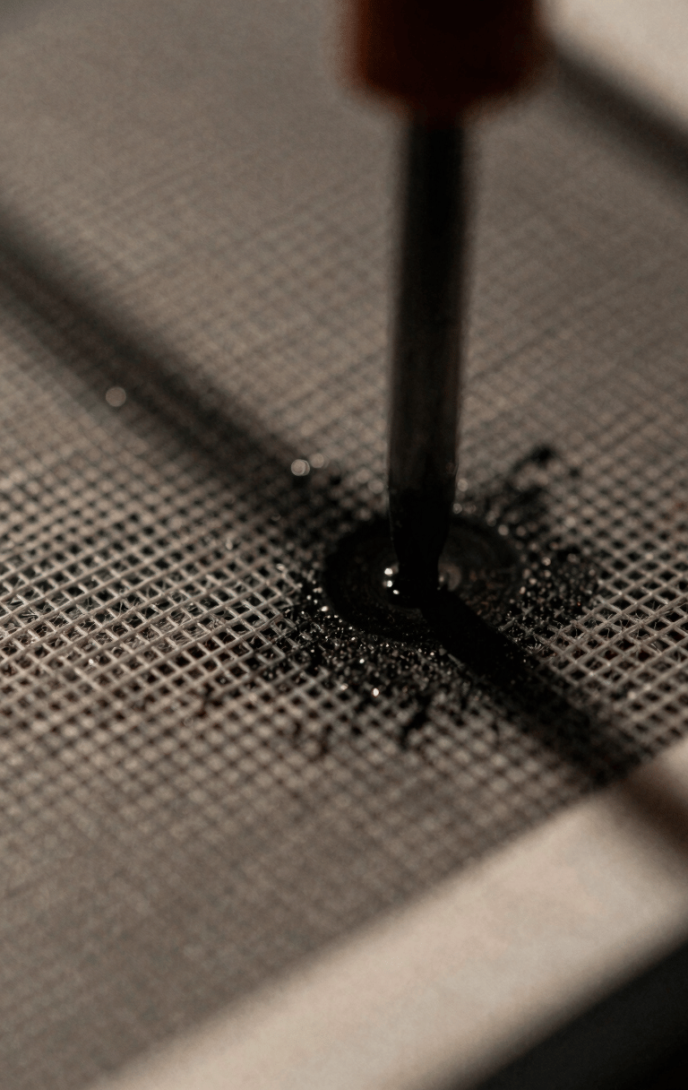Macro close-up of ink passing through a screen mesh onto heavyweight cotton, high-contrast industrial light, gritty texture, 35mm film.