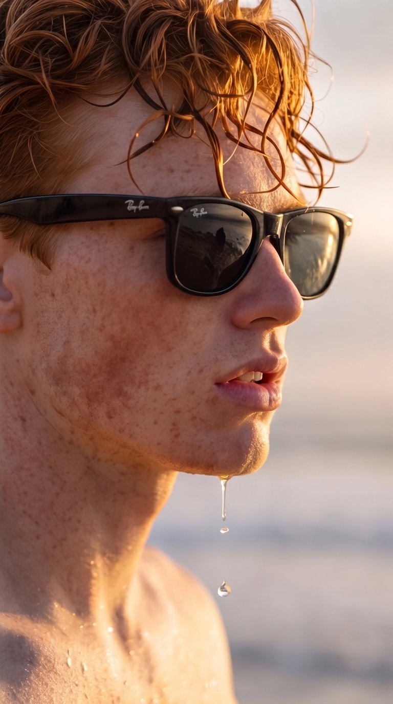 Redheaded man with freckles wearing black sunglasses at the beach during a golden hour sunset.
