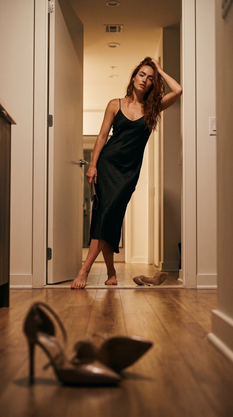 Elegant woman in a black silk slip dress posing barefoot in a doorway with high heel shoes in the foreground.