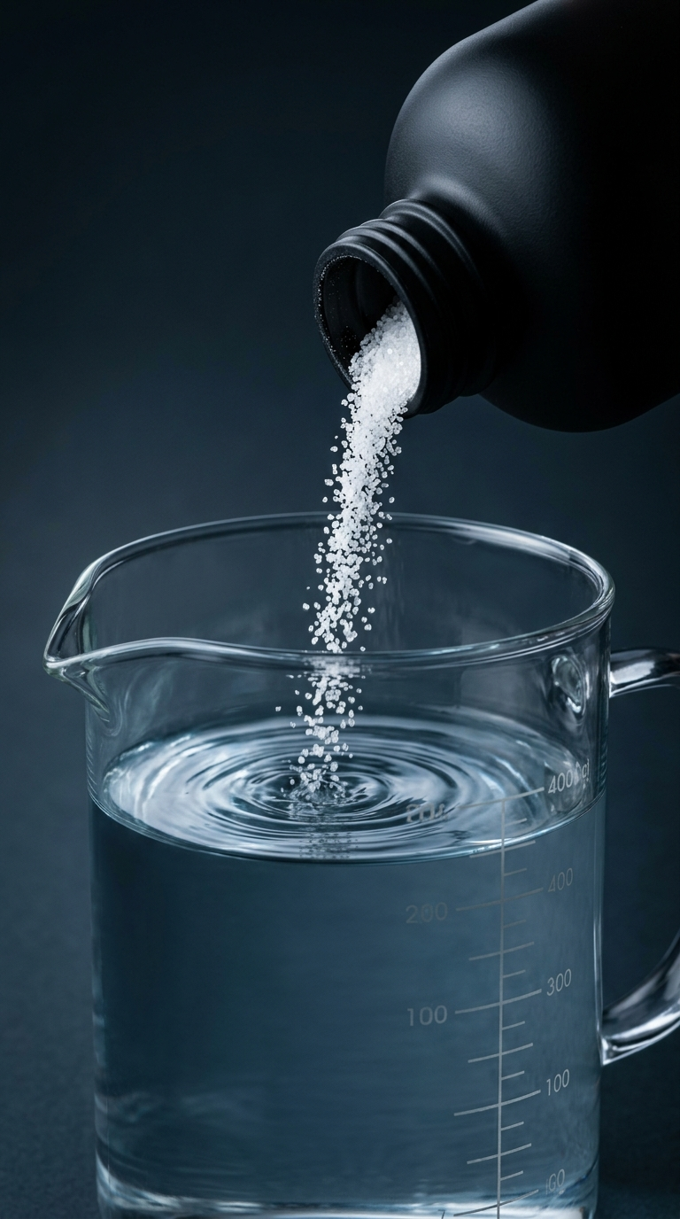 White crystalline powder pouring from a black bottle into a glass beaker of water.