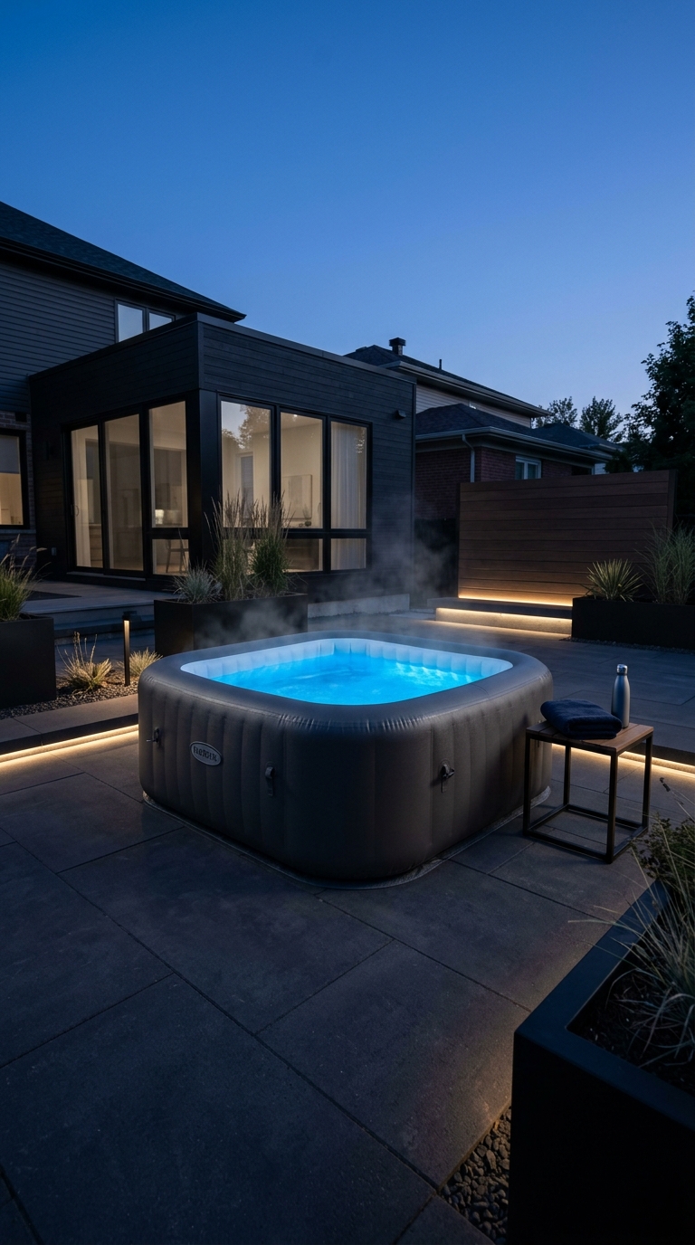 Inflatable outdoor hot tub with blue LED lighting on a modern stone patio at night.