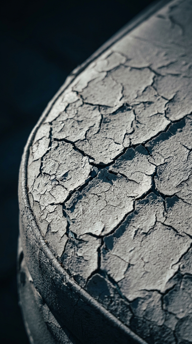 Close-up of cracked and peeling dry mud texture on a round surface showing environmental drought effects.