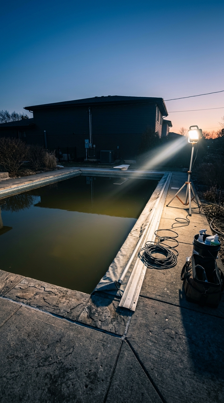 Professional pool maintenance crew using a bright work light to inspect a dark backyard swimming pool at dusk.