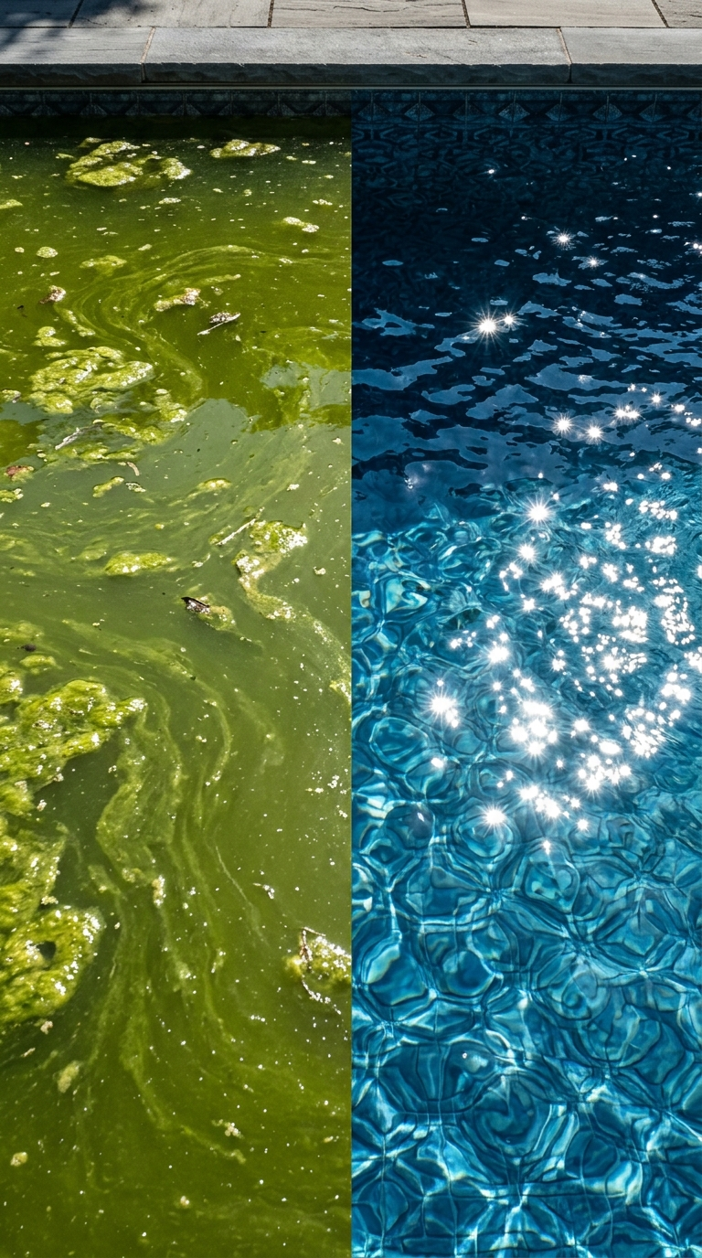 A split comparison of a dirty green algae pool vs clear blue sparkling swimming pool water.