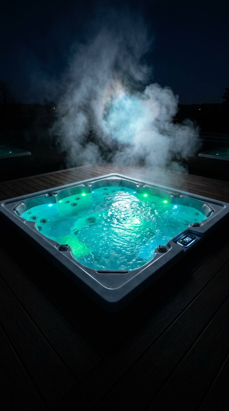 Steaming outdoor hot tub with glowing turquoise LED lights on a wooden deck at night.