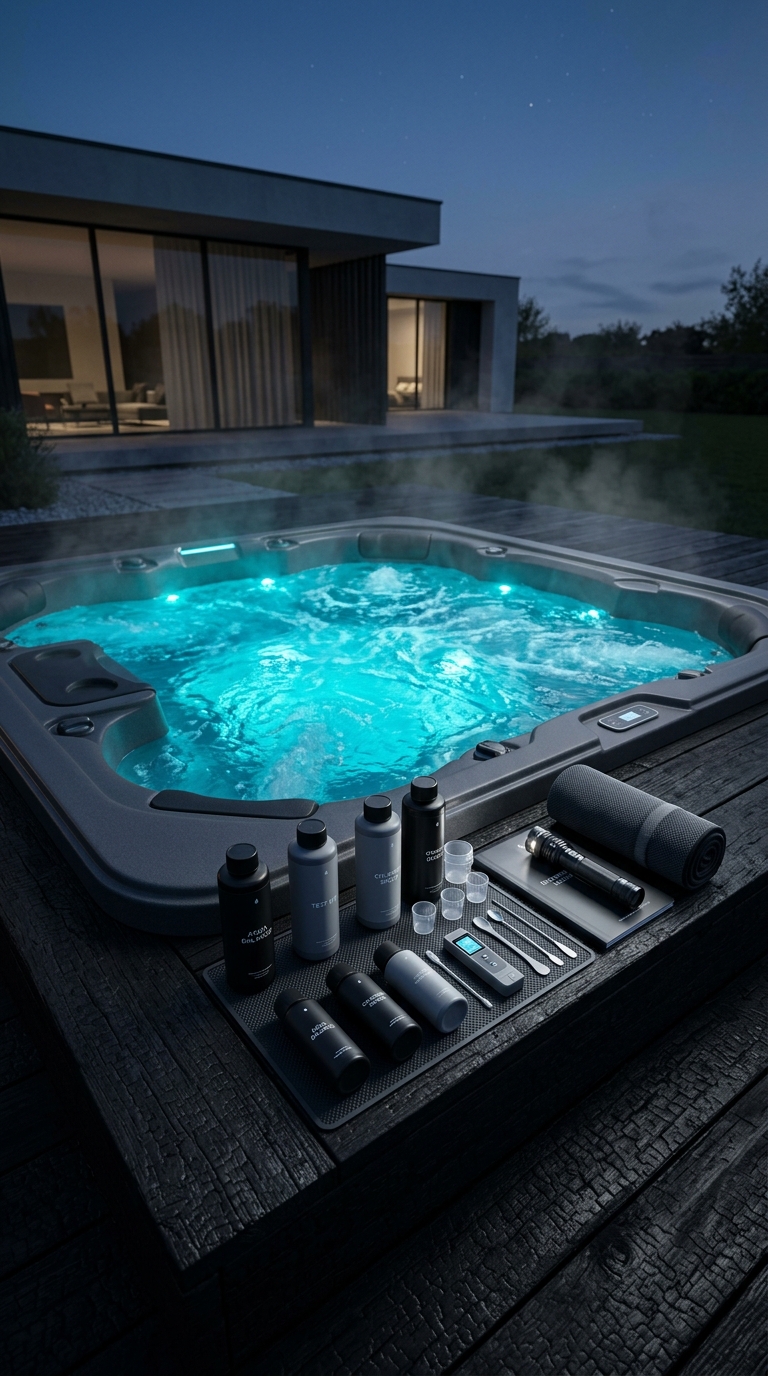 Luxury outdoor hot tub with glowing blue LED lights and water chemistry maintenance kit on a wooden deck.
