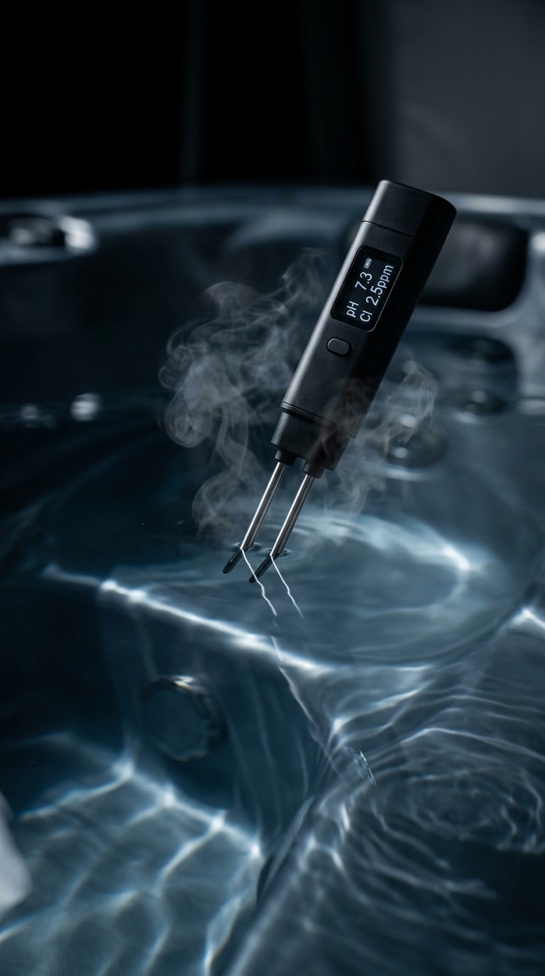 Digital smart water tester measuring pH and chlorine levels in a steaming hot tub.