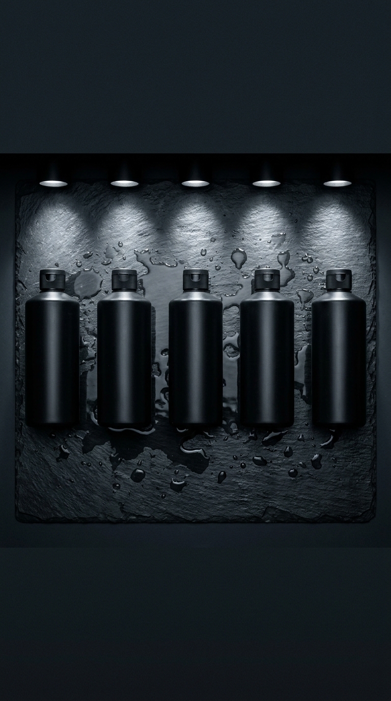 Five matte black cosmetic bottles on a wet stone surface with dramatic spotlighting.