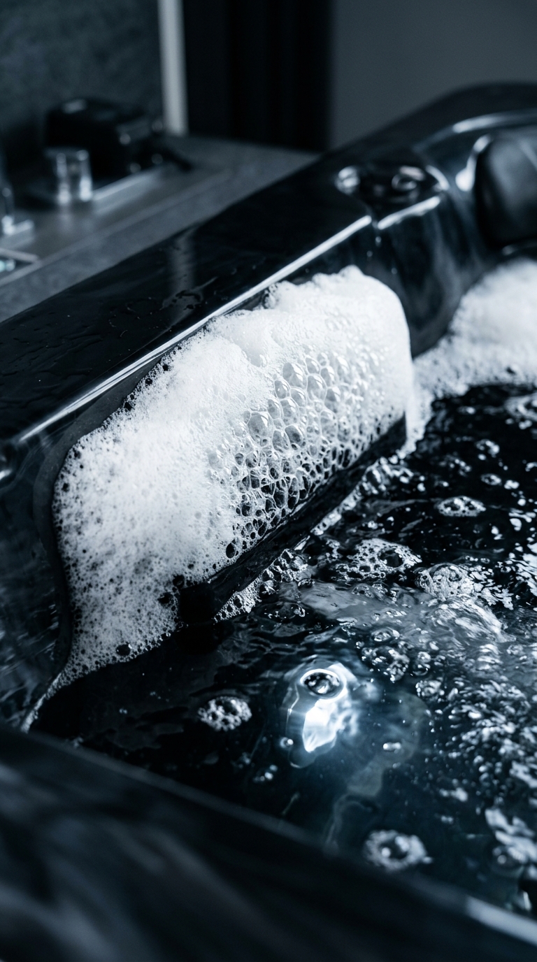 Close-up of bubbling water and white foam inside a luxury black hot tub spa.