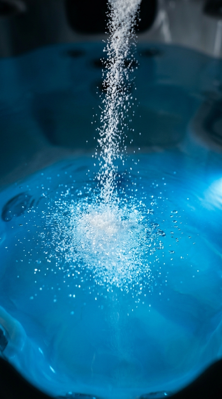 White granules being poured into the blue water of a hot tub for chemical maintenance.