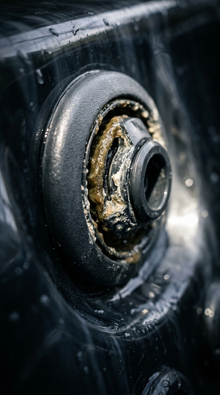 Close-up of a dirty hot tub jet with yellow biofilm and calcium buildup needing maintenance.