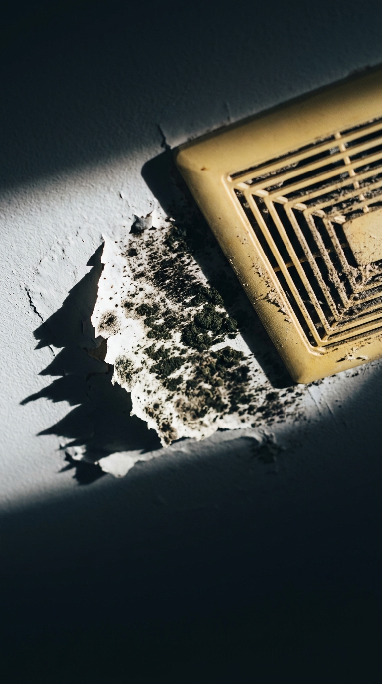 Black mold growth on a ceiling near a bathroom exhaust fan with peeling paint and water damage.