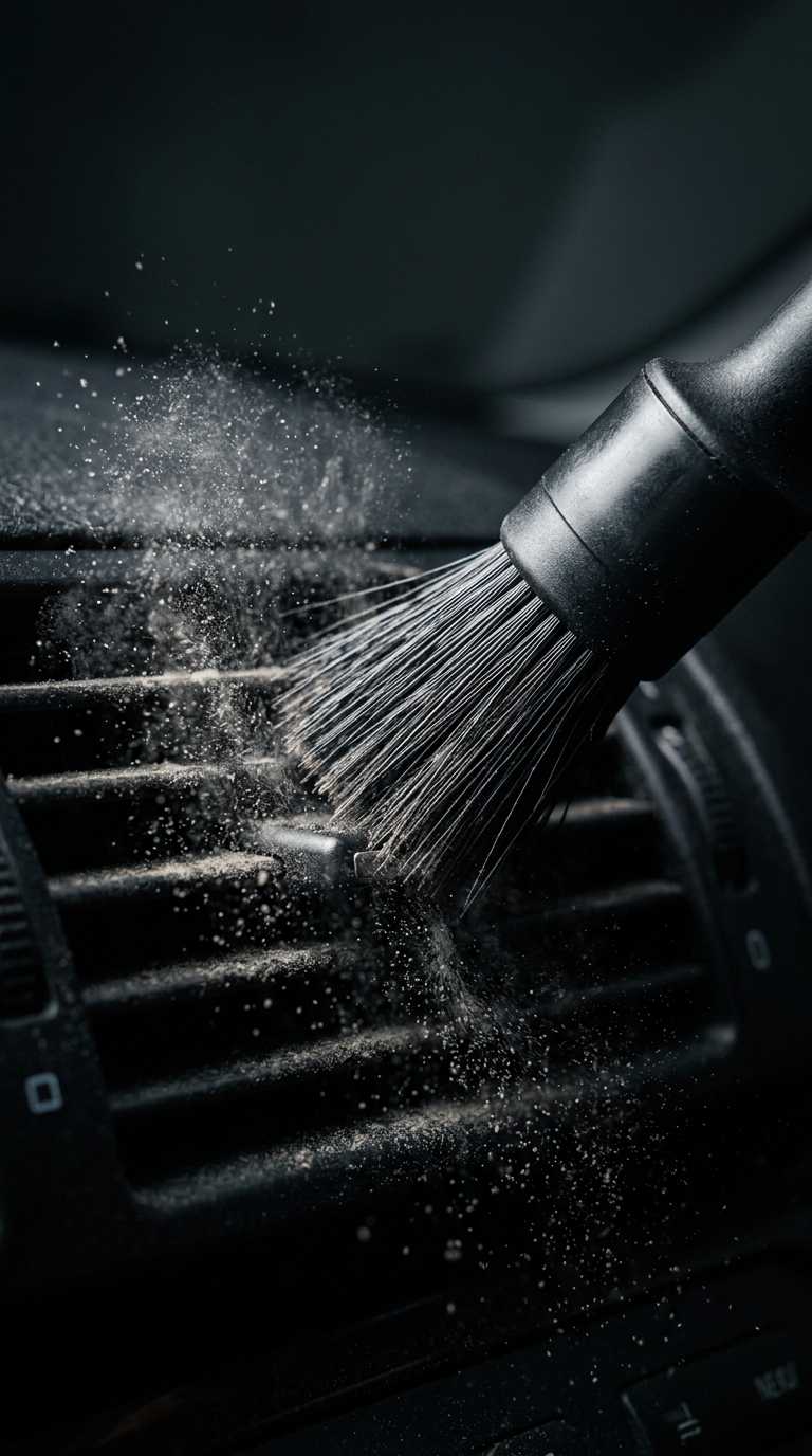 Professional car detailing brush removing dust from a vehicle dashboard air vent.