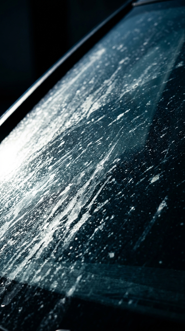 Close-up of a dirty car windshield with dried salt streaks and mud splashes needing a car wash.