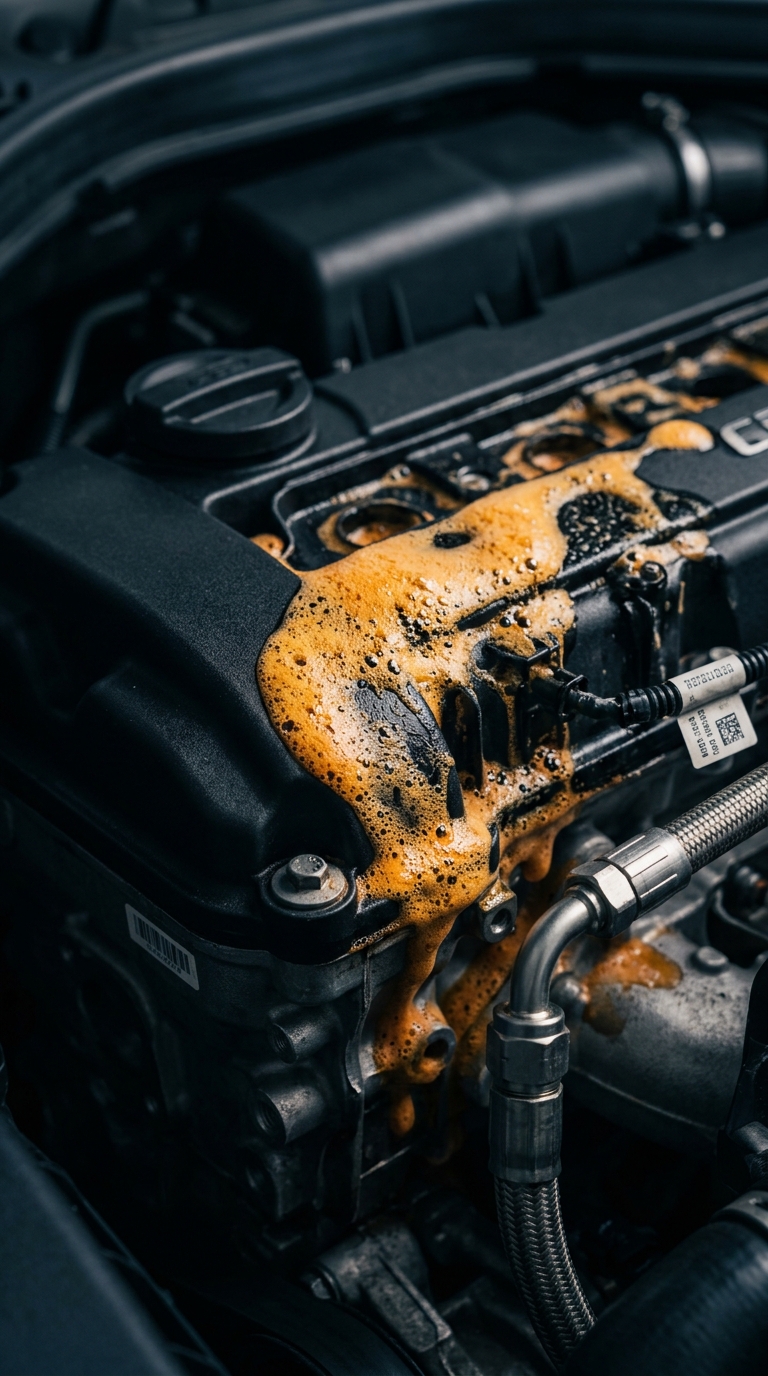 Orange fluid foam leaking from a car engine valve cover, indicating a mechanical failure or oil leak.