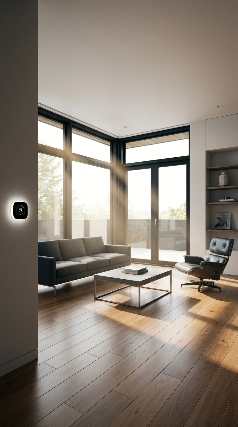 A modern smart thermostat on a wall in a sunlit living room with floor-to-ceiling windows.