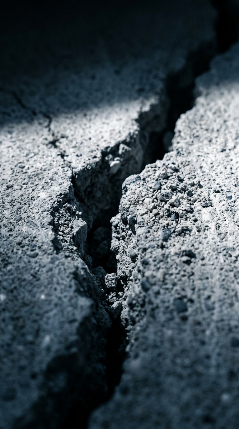 Close-up of a deep crack in a concrete pavement surface showing structural damage and erosion.