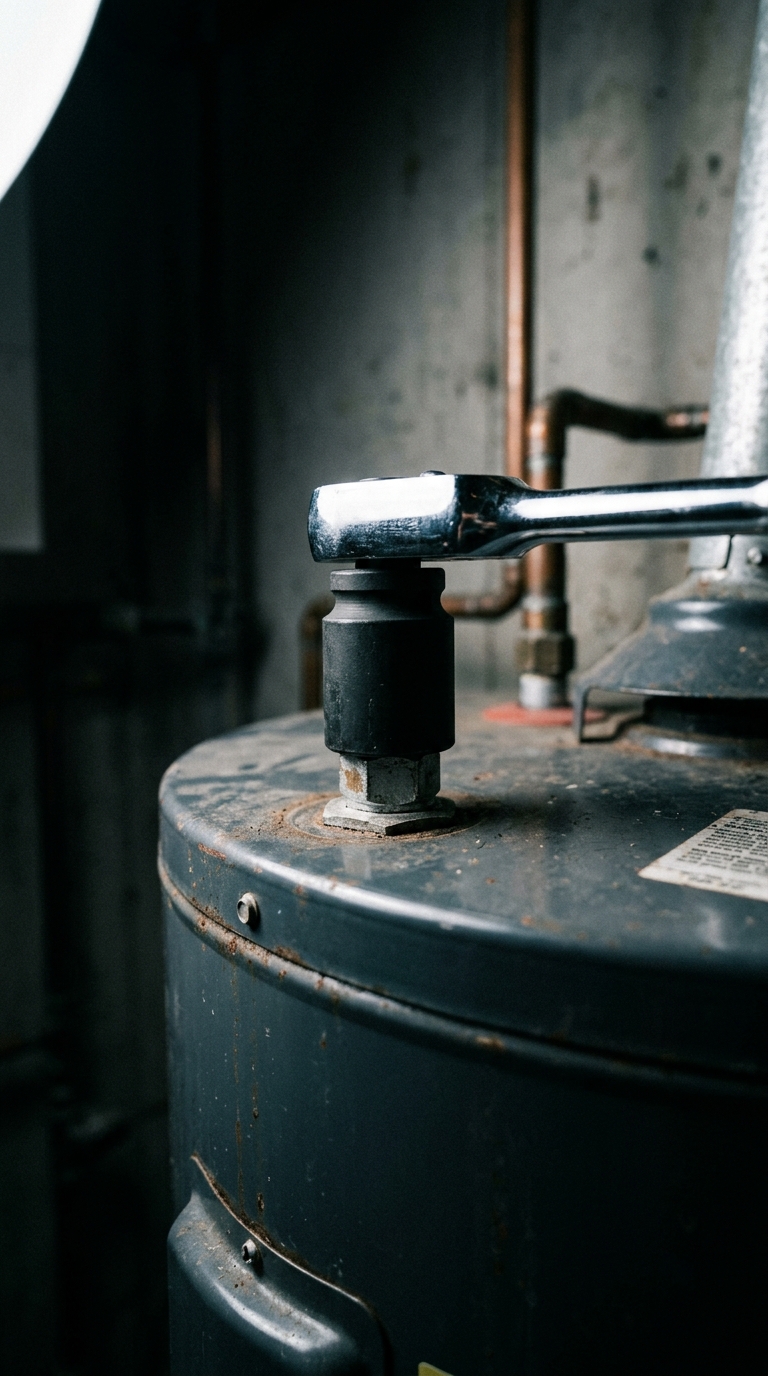 A socket wrench repairing a residential hot water heater tank in a basement.