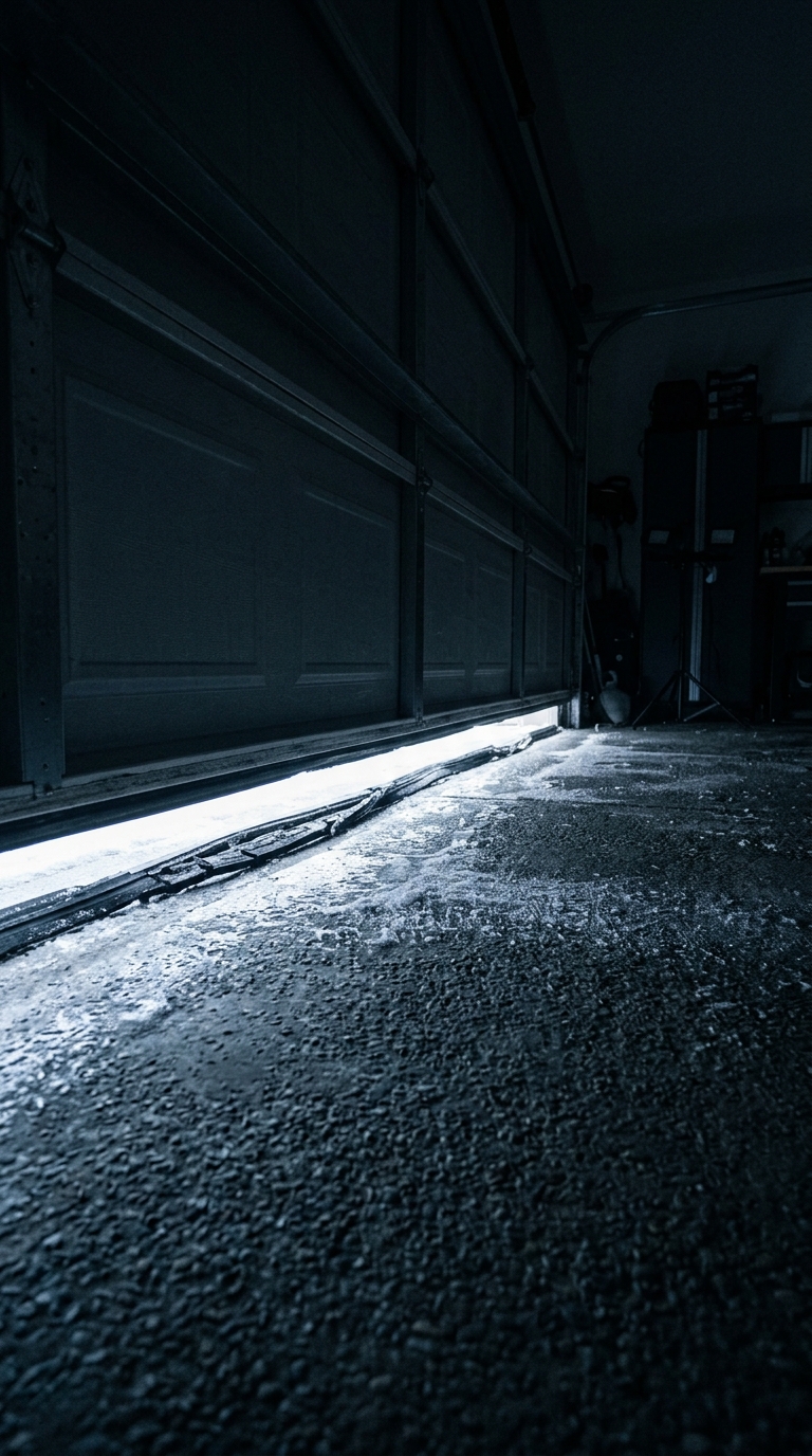 Low angle view of a modern garage door slightly open with bright light shining onto the concrete floor.