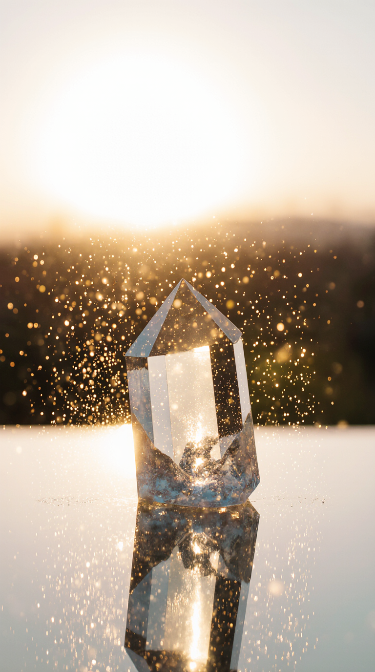 a crystal crystal cube on a reflective surface
