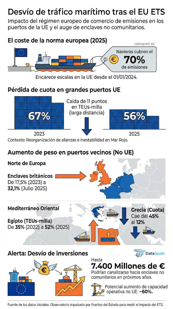 Infografía del Impacto del EU ETS en Puertos: Fuga de Tráfico y 7.400M€ en Inversiones