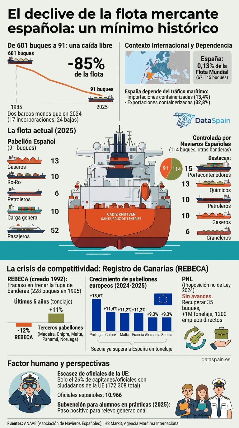 Infografía de el declive de la flota mercante española: Mínimos históricos y crisis de competitividad