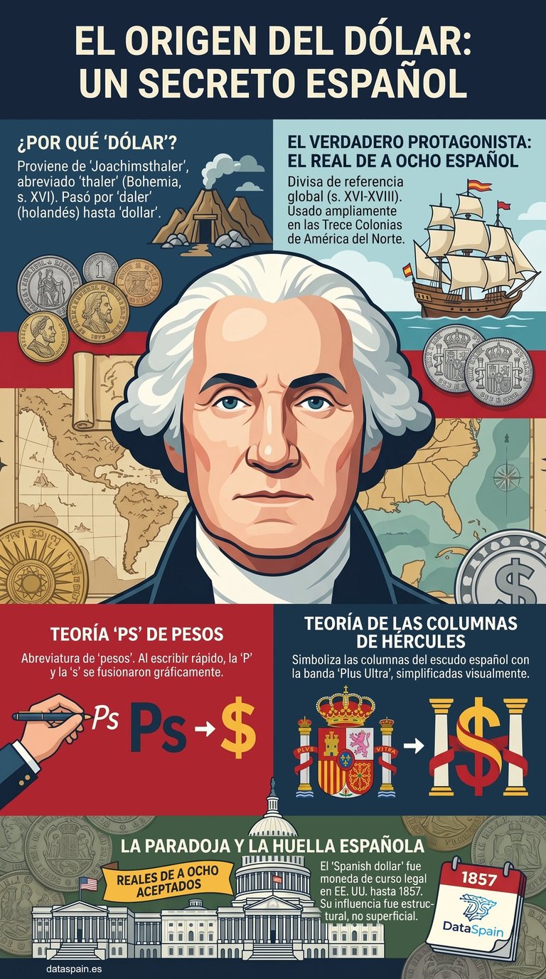 Infografía del Origen del Símbolo del Dólar ($): El Secreto de la Huella Española