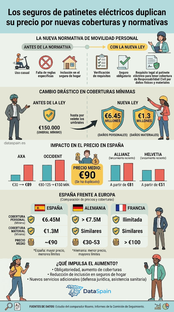 Infografía del Precio Seguros Patinete Eléctrico 2026: Por qué se han duplicado en España