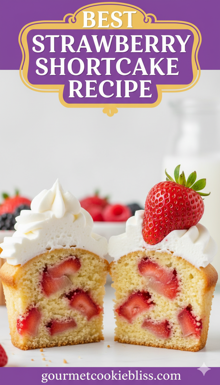 A halved strawberry shortcake cupcake showcasing its fluffy interior and fresh strawberry pieces.