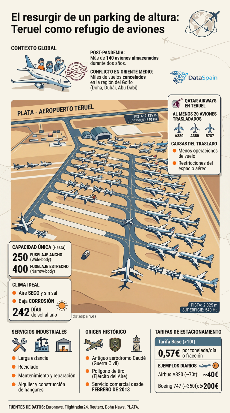 Infografía del Aeropuerto de Teruel: El mayor parking de aviones de Europa