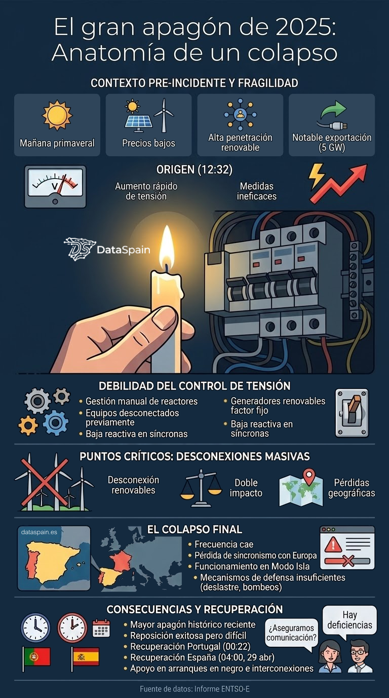Infografía del Gran Apagón de 2025 en España: Anatomía y Causas del Colapso