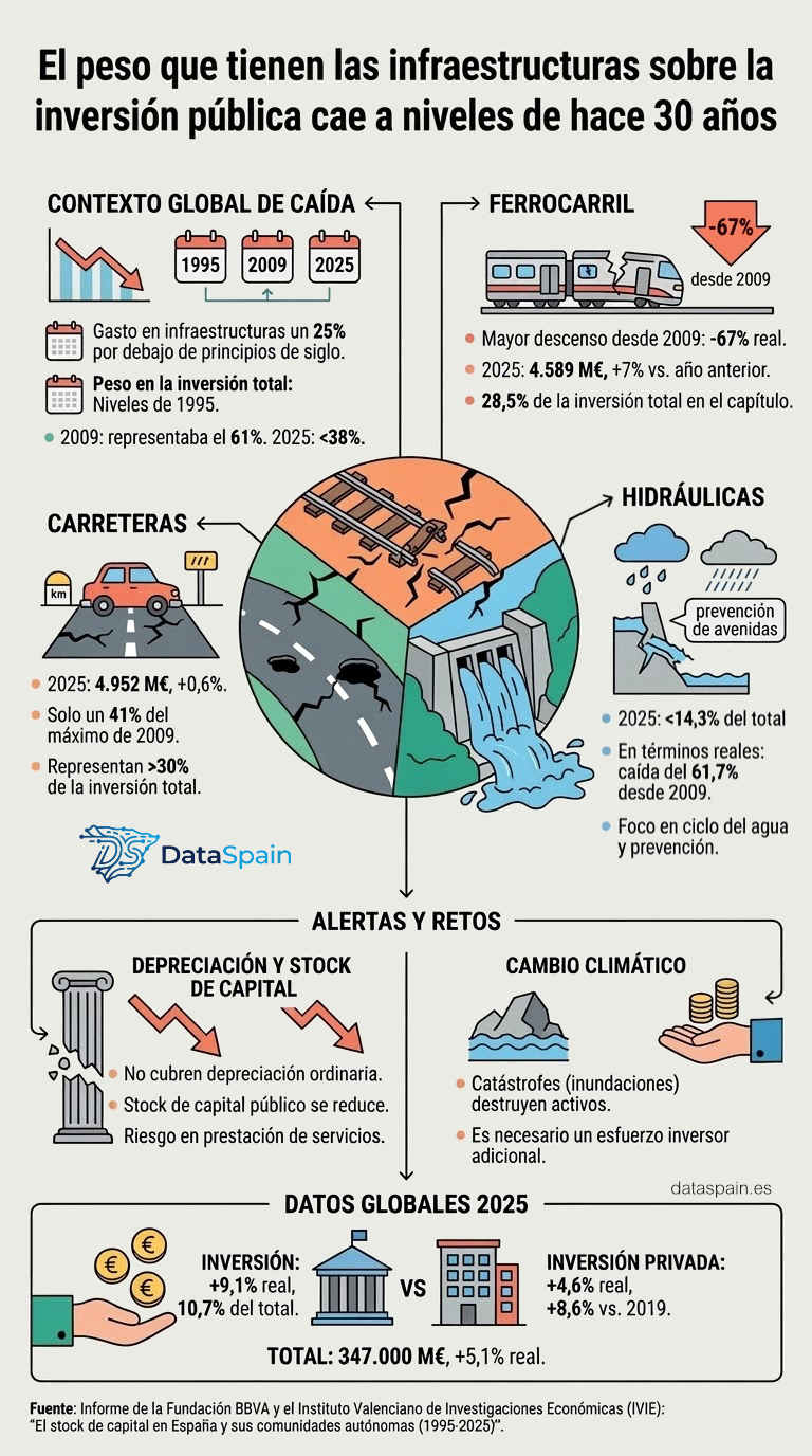 Infografía de la Crisis de Inversión en Infraestructuras en España: Regreso a 1995