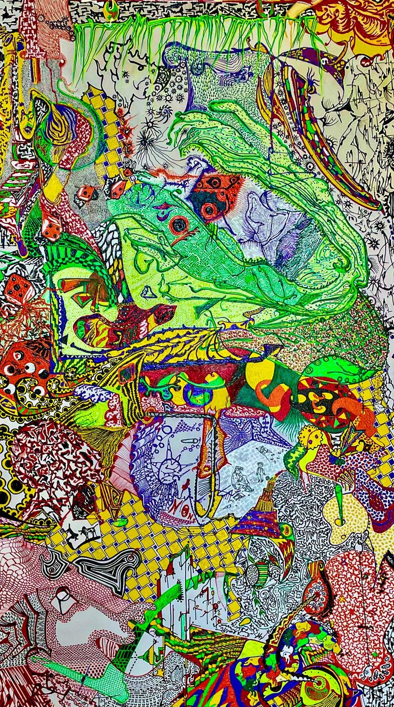 Complex psychedelic abstract drawing with vibrant neon colors, intricate patterns, and surreal doodle art details.