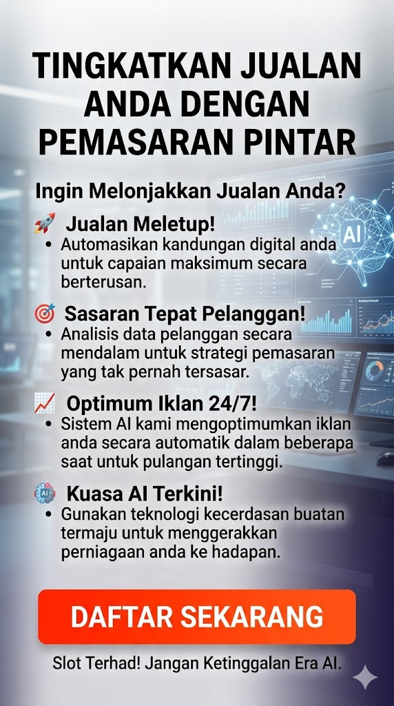 Poster pemasaran pintar menggunakan teknologi AI untuk optimasi iklan dan jualan automatik.